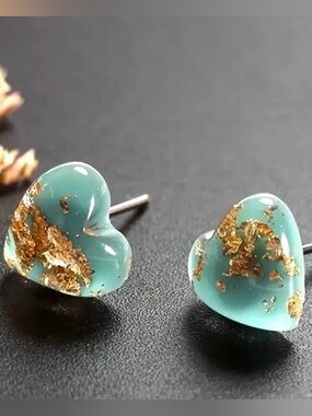 Blue Heart Gold Flake Fleck Glitter Sparkle Resin Dainty Tiny Stud Post Earrings